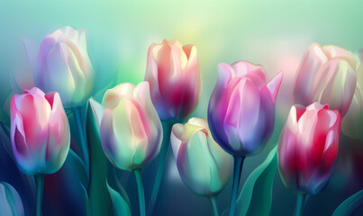 Background of a bunch of iridescent tulip flowers, spring wallpaper design. Generative ai