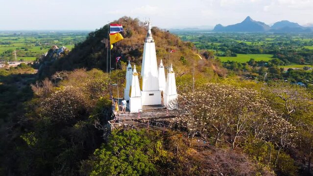 White Temple on Top of a mountain in Thailand, 180 degree drone shot