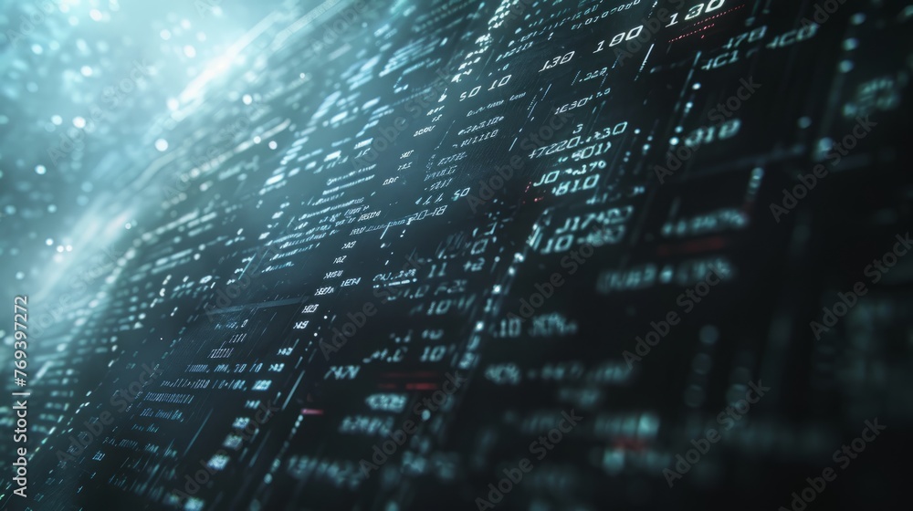 Poster futuristic data visualization: cinematic background with streaming numbers and information flow