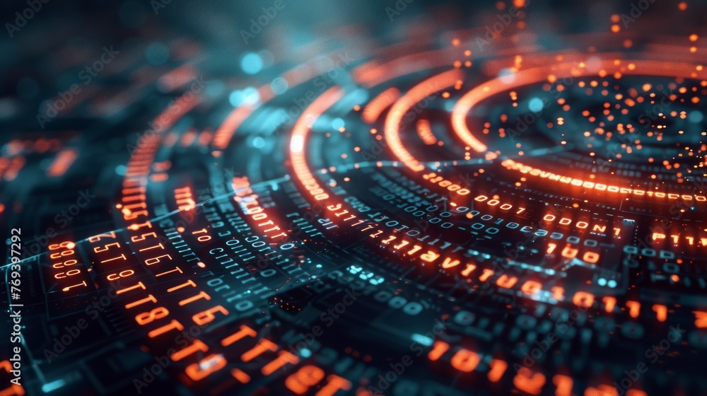 Poster futuristic data visualization: cinematic background with streaming numbers and information flow