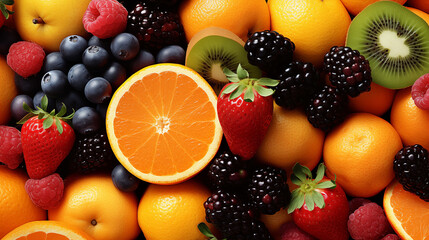 Naklejka na ściany i meble Macro background of colorful citrus and berries in a fresh fruit medley