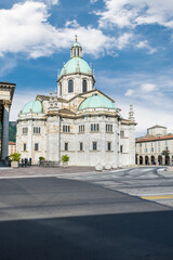 Fototapeta na wymiar Como city, Italy in summer and the historic center with the Santa Maria Assunta cathedral also known as the Duomo of Como seen from square Giuseppe Verdi 