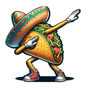 Cinco de Mayo Taco.  A digital illustration of a dancing, dabbing taco in Mexican clothing during a Cinco de Mayo fiesta.