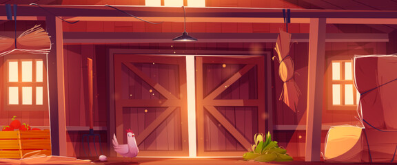 Farm barn inside with wooden walls and open gate, chicken and egg, hay in stacks and corn on floor, ripe tomato harvest in box. Cartoon vector ranch shed interior with hen and agriculture elements. - obrazy, fototapety, plakaty