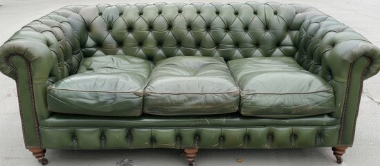 Fototapeta premium Vintage green leather button tufted sofa