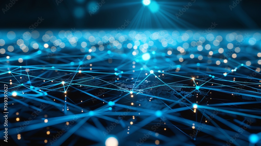Aufkleber futuristic high-tech concept: 3d render with network lines on blue background, symbolizing connectiv
