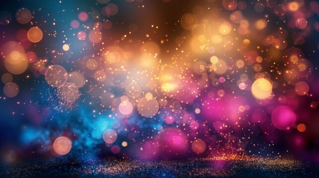 Pink, gold, blue and yellow glitter, circle abstract light background, golden, pink and blue abstract bokeh lights. defocused background for birthday, anniversary, wedding