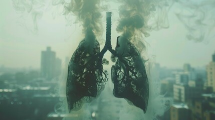 3D Illustration : Sick lungs depicted in poor air quality, with visible signs of smoker's lung disease - obrazy, fototapety, plakaty