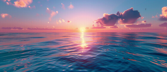 A tranquil ocean scene with the sun setting in the distance, casting a splendid gradient of colors...