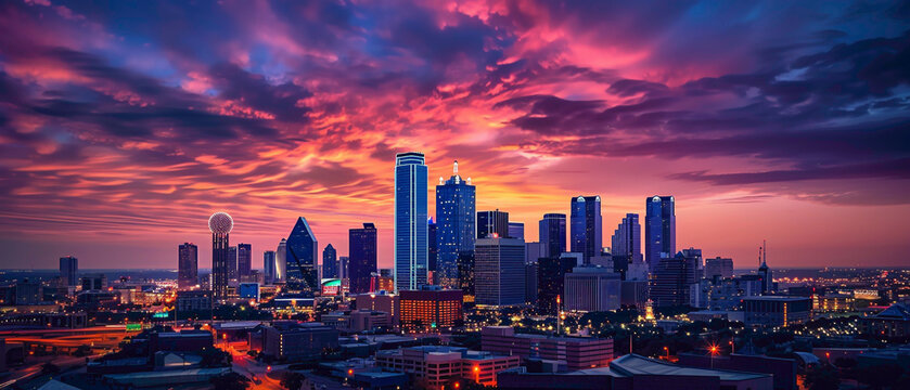 The city skyline at twilight, illuminated by a splendid gradient of lights against the evening sky, captured in high-definition to showcase its mesmerizing vibrancy.
