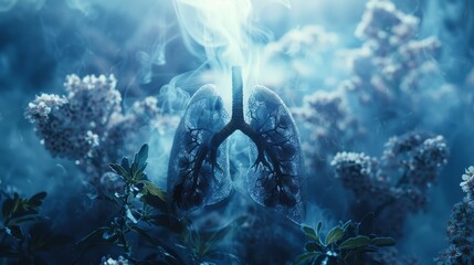3D Illustration : Sick lungs depicted in poor air quality, with visible signs of smoker's lung disease - obrazy, fototapety, plakaty