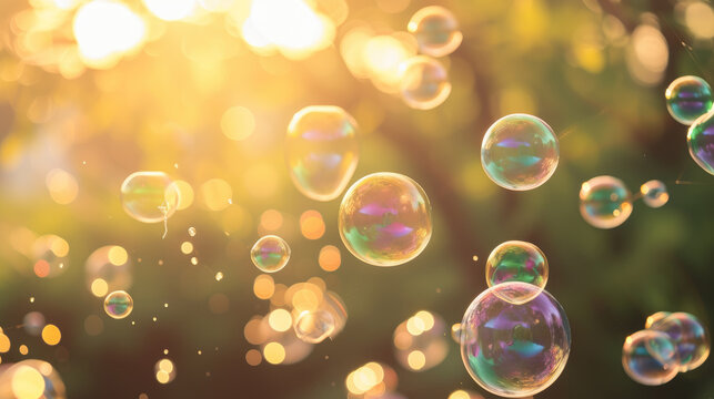 Shimmering soap bubbles floating in light - Close up of iridescent soap bubbles floating with a sunlit backdrop creating a magical, dreamy atmosphere that symbolizes joy and ephemeral beauty