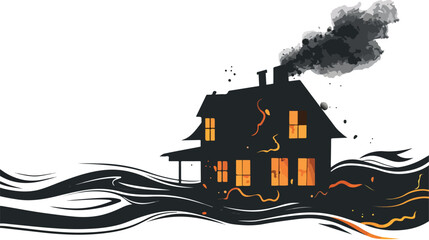 Black smoke trail of burning house. Flat vector  - obrazy, fototapety, plakaty