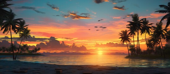A breathtaking sunset over a tropical beach with lush palm trees, birds flying in the sky, and a stunning afterglow painting the clouds and water in shades of red and orange