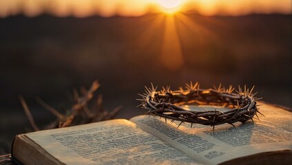 The crown of thorns sits atop an open Bible during a tranquil sunset, symbolizing sacrifice and redemption - obrazy, fototapety, plakaty