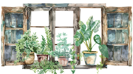 Botanical rustic window watercolor Flat vector 