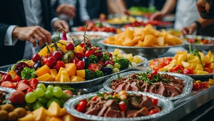 An elegant banquet table filled with gourmet food including fruits, cheeses, and roasted meats for an event