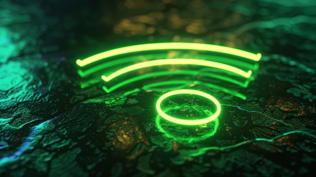 Glowing green neon wifi icon on black background - vibrant wireless technology symbol with high-tech floor, 3d render - Powered by Adobe