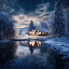 Celebrating Winter's Serene Majesty - A Glimpse into An Enchanting Winter Wonderland Under a Diamond-Studded Night Sky - obrazy, fototapety, plakaty
