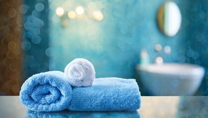 Peaceful Restroom Setting: Blurred Blue Background with Towel Accents