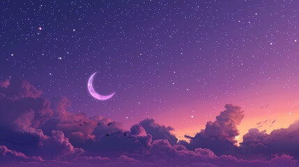 Sleepy purple evening mystical moonlight sky with clouds and stars tranquil slumber relaxing meditation cosmos background backdrop wallpaper crescent moon