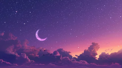 Muurstickers Sleepy purple evening mystical moonlight sky with clouds and stars tranquil slumber relaxing meditation cosmos background backdrop wallpaper crescent moon © Mary Salen