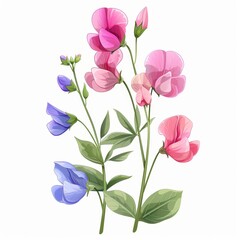 Flat Design, Beautiful Sweet Pea Lathyrus Flower Illustration, Vector Style.