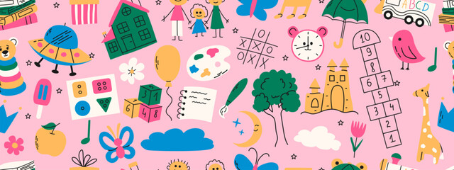 Colorful seamless pattern with daycare doodle. Book, hopscotch, toys, flower, umbrella, house, clock and other elements.
