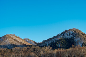 澄んだ青空の下の冬の終わりの田舎の風景。