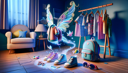 Child's bedroom where clothes, a backpack, and dressing accessories come to life, eagerly inviting and preparing to go - obrazy, fototapety, plakaty