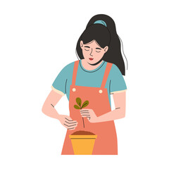 Woman plants sprout in a pot. Urban gardening. Vector illustration.