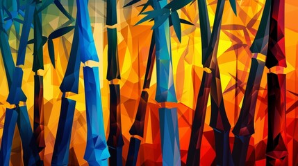 Vibrant painting depicting a group of bamboo trees against a clean backdrop, background, wallpaper