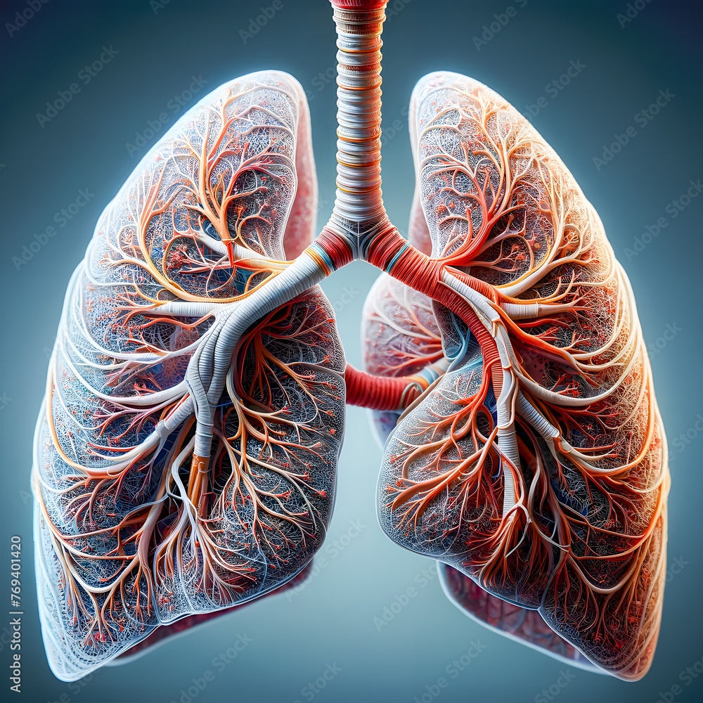 Poster a close-up, three-dimensional image of the lungs, showcasing the intricate details and structure in 