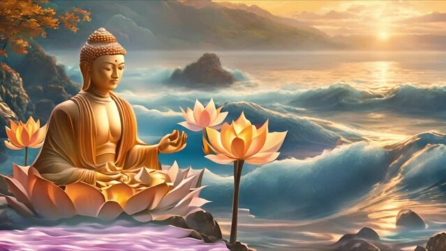 An exquisite and detailed illustration depicts Buddha standing gracefully on a lotus flower, seemingly weightless as he hovers above the vast ocean. The waves behind him create a sense of movement and