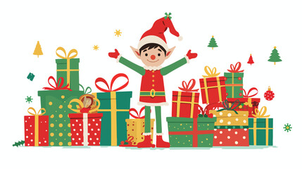 Obraz na płótnie Canvas Elf with a lot of Christmas presents. Flat vector isolated