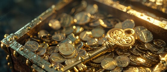 A golden key unlocking a treasure chest filled with stocks bonds