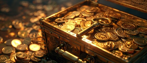 A golden key unlocking a treasure chest filled with stocks bonds - obrazy, fototapety, plakaty
