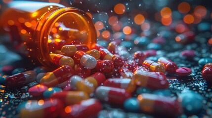 close-up of pills spilling out of a bottle - obrazy, fototapety, plakaty