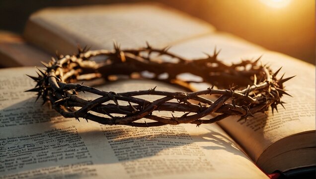 An evocative image of a Crown of Thorns lying on the pages of an open book during a tranquil sunset