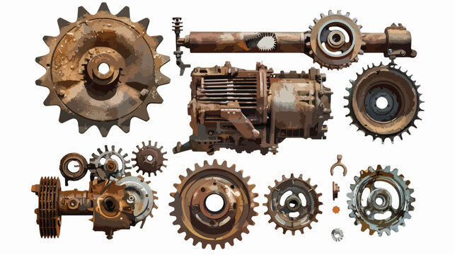 Engine gears with oil traces and dirt disassembled 