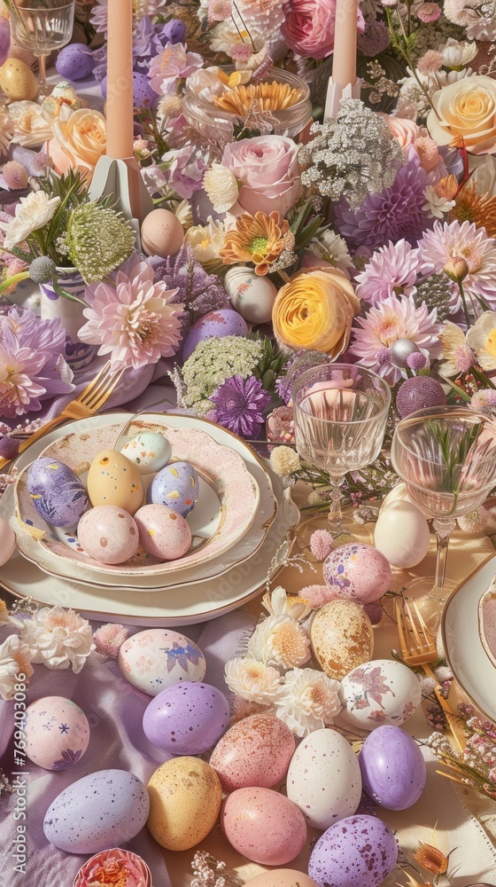 Poster a colorful array of beautiful easter eggs scattered across a table, creating a vibrant and whimsical