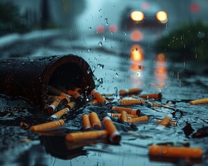 An atmospheric rendering focuses on a storm drain clogged with discarded cigarette butts, rainwater pooling around it The image, set against a blurred urban background, symbolizes the broader environm
