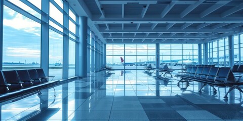 Airport terminal glass window with view of airplane, departure hall for travel and transportation concept.