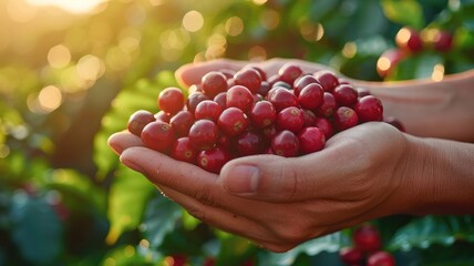 Agricultural hands showing harvested coffee berries - obrazy, fototapety, plakaty