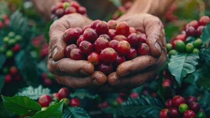 Agricultural hands showing harvested coffee berries