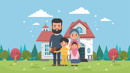 Obraz na płótnie Canvas Muslim family with house characters flat cartoon va