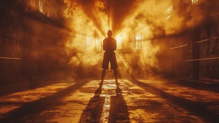 A boxer stands in front of a large cloud of thick smoke during a training session.
