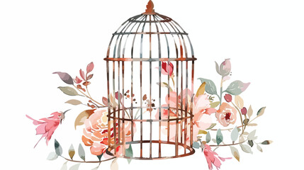 Floral bird cage watercolor Flat vector 
