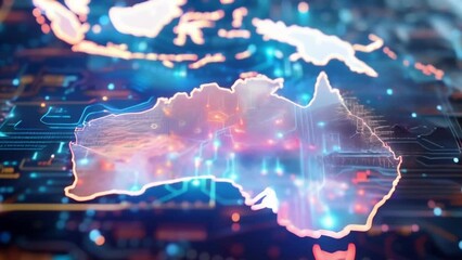 An interactive map of Australia is displayed on top of a circuit board, showcasing the fusion of geography and technology. - Powered by Adobe