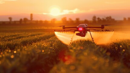 Agricultural drone flying at sunset over farm fields. Aerial photography for modern farming